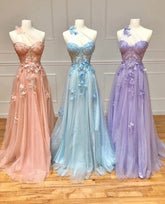 A-Line One Shoulder Black 3D Lace Appliques Long Prom Dress,AST1278